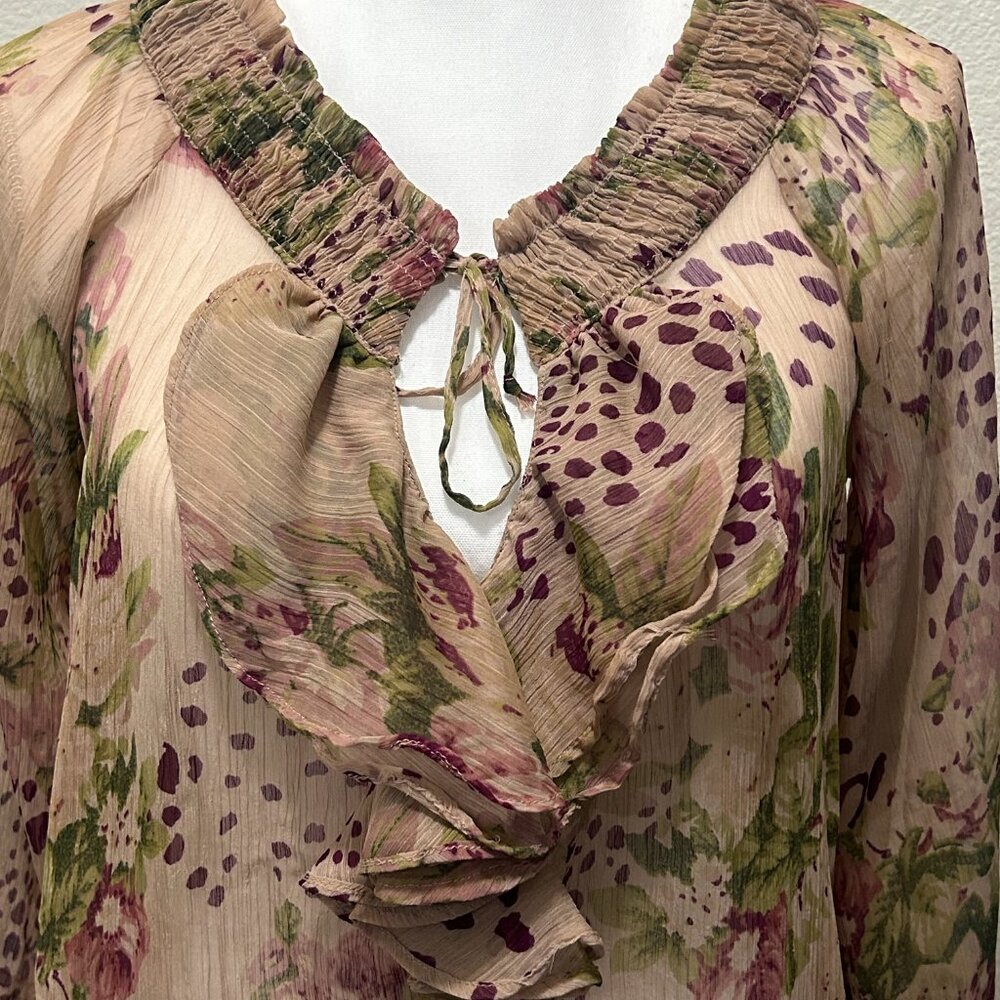 World Market brown floral leopard sheer blouse, v-neck ruffle, long sleeve, S/M